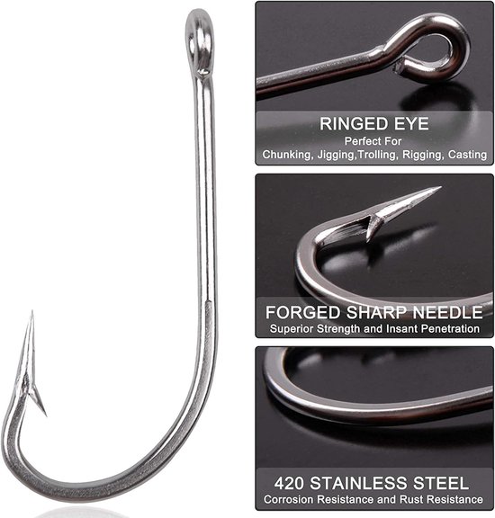SnelShoppen - 500 Stuks RVS Zeevis Haken - Maat 2#-12# - Extra Sterke Langschaaf J Haken - Super Scherp voor Chunking, Jigging, Trollen, Live Bait van Snelshoppen — afbeelding 2