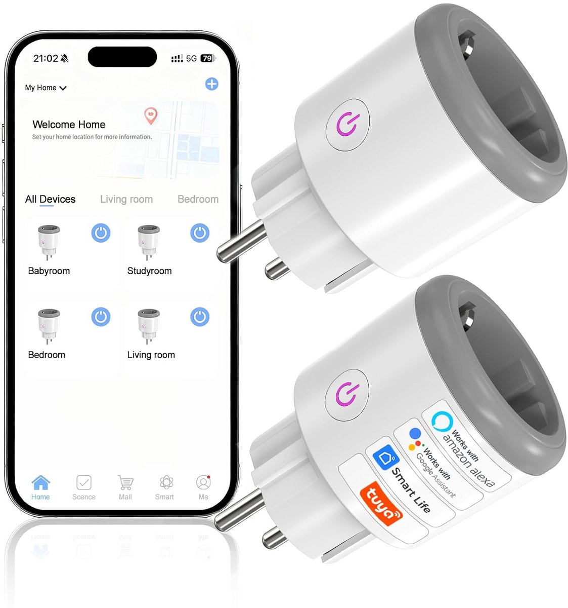 SnelShoppen - WiFi Smart Socket 16A - Slimme Stekker met Energie Monitoring, Voice Control via Alexa, WLAN & Bluetooth, 2 Stuks - Wit/Grauw voor Thuis