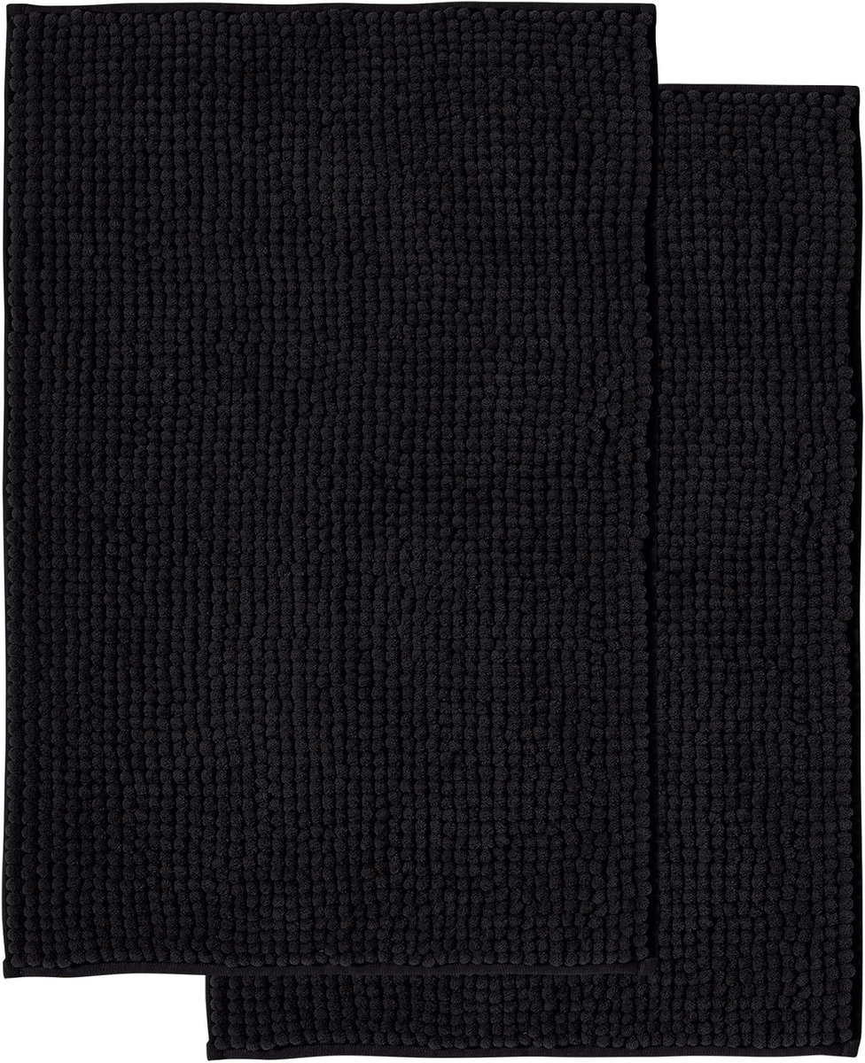 SnelShoppen - Decomira Badmat Anti-Slip Soft Chenille | Super Absorberend en Machinewasbaar | Set van 2 | Voor Badkamer, Douche, WC | Zwart 50x80 cm