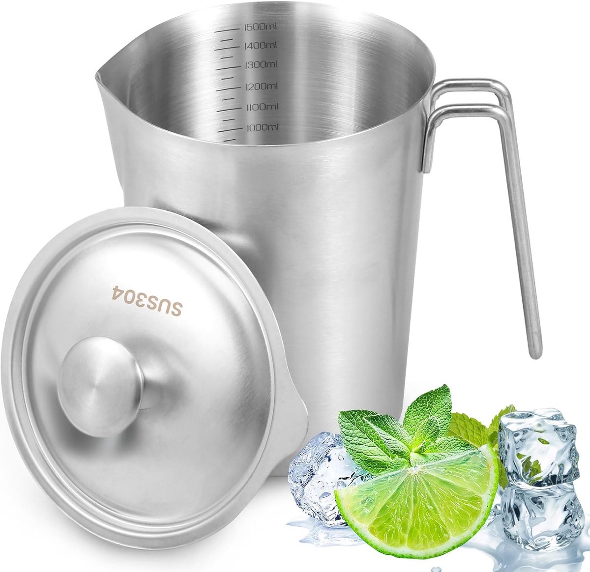 SnelShoppen - RVS Maatbeker 1500 ml met Fijne Schaal en Deksel, BPA Vrij, 14.2 cm, Duurzame Maatbeker voor Keuken, Restaurant, Bar, Theewinkel