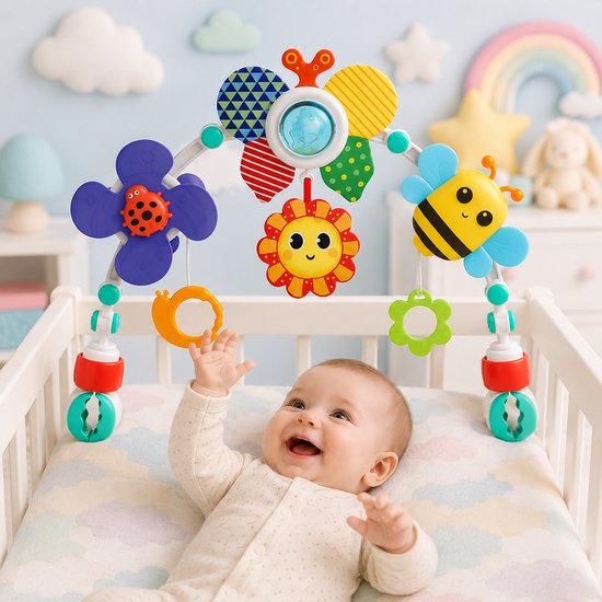 Jojoy - Universele Speelboog Baby - Verstelbare Speelgoedboog voor Kinderwagen, Autostoel & Wieg - Met Sensorisch Speelgoed & Bijtring - Bij - 73.7 cm - ARCBABY van Jojoy — afbeelding 4