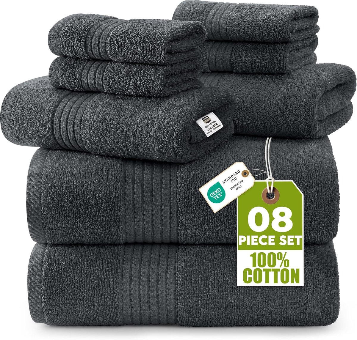 SnelShoppen - Luxe 8-delige Handdoekset - 2 Badhanddoeken, 2 Handdoeken en 4 Washandjes - 100% Ring-Spun Katoen - Grijs - Hoog Absorberend voor Badkam