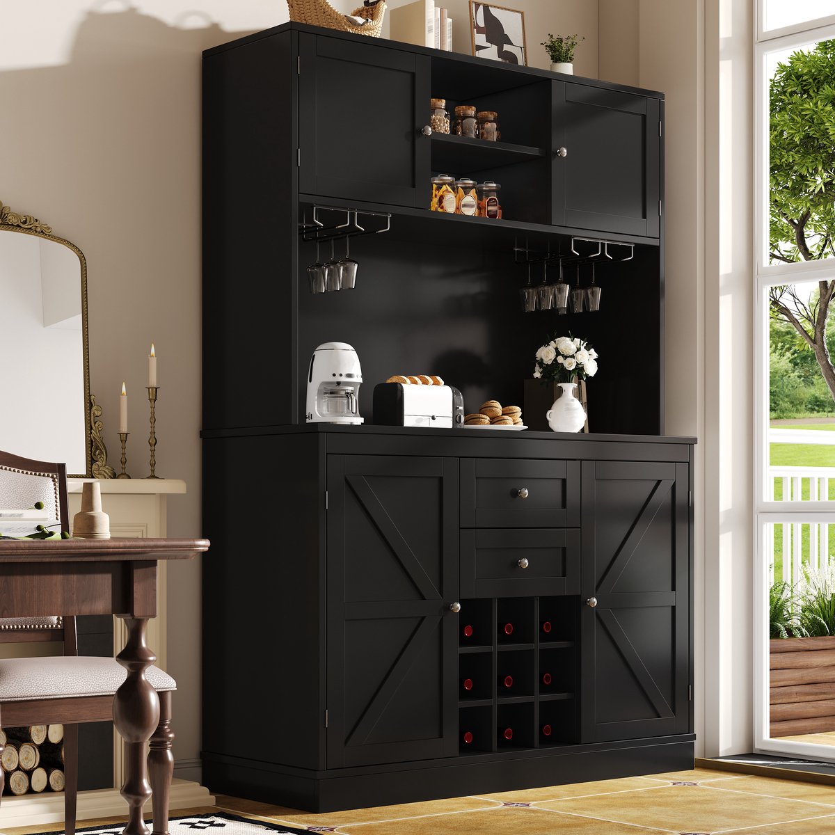 Wishdor - Buffetkast - verstelbare planken en wijnrek - 4 deuren en 2 lades - landelijk - keuken en woonkamer - houtlook - zwart - 120 x 40 x 188 cm