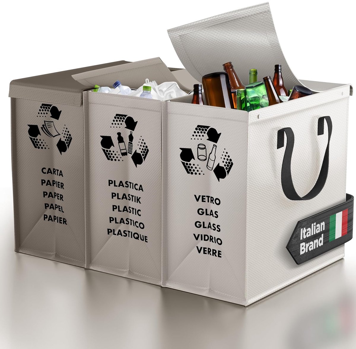 SnelShoppen - Afvalbak 3 Compartimenten met Deksel - Afvalscheidingssysteem voor Papier, Glas en Plastic - Duurzame Herbruikbare Organiser Tassen - Id