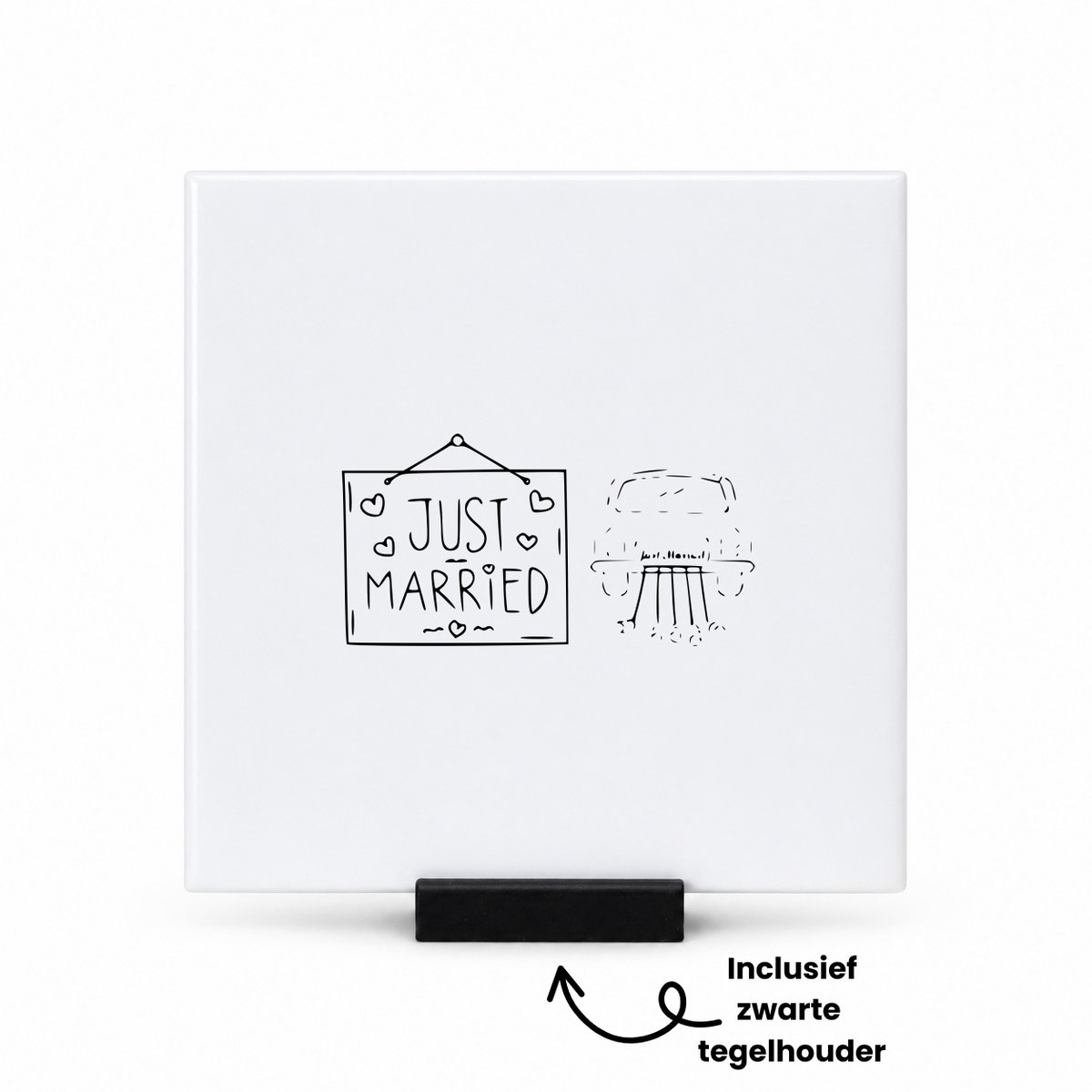 Hacebo Just married tegeltje met tegelhouder - Trouwen - koppel - tegeltjes met tekst - Leuke cadeau voor pasgetrouwd stel - spreuktegels - 10.8x10.8 CM Wit