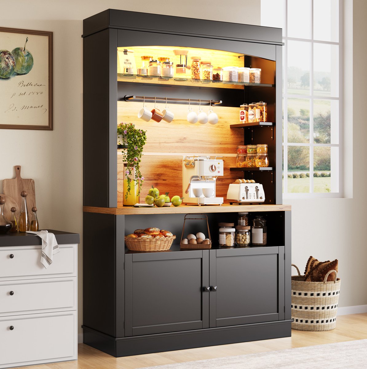 Wishdor - Keukenkast - Hoge opbergkast met LED-verlichting, open vakken en 2 deuren - Modern voor keuken of woonkamer - Houtlook met metaal - Zwart - 107x43x184 cm