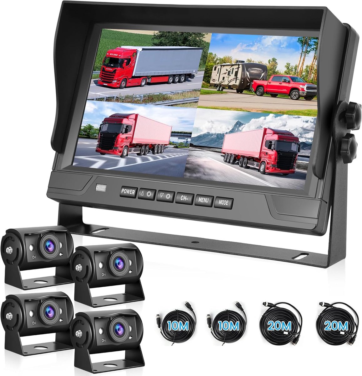 SnelShoppen - 1080P Achteruitkijkcamera met 4 Gedeelde 9 Inch Monitor, Ondersteunt 4 Cameras, DVR/IP68 Waterdicht/Nachtzicht voor Truck, RV, Caravan m