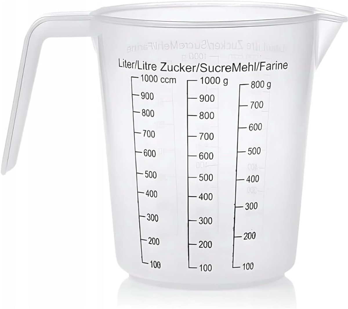 SnelShoppen - 1L Plastic Dispenser - Nauwkeurige Metingen, Ergonomisch Handvat, Transparante Schaal, Vaatwasserbestendig, Ideaal voor Keuken en Koken