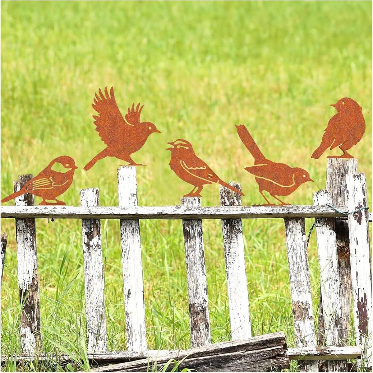 SnelShoppen - Set van 5 Rustige Tuindecoratie met Roestige Metalen Vogels - Weerbestendige Vogel Silhouetten voor Tuin, Balkon en Buiten - Unieke Lent