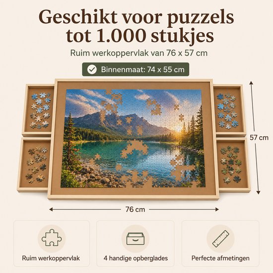 Puzzel van een bergmeer en zonsondergang op een puzzelbord van 76x57 cm met vier lades.