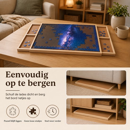 Puzzelbord met een begonnen melkwegpuzzel, op een salontafel, met illustraties van opbergen.