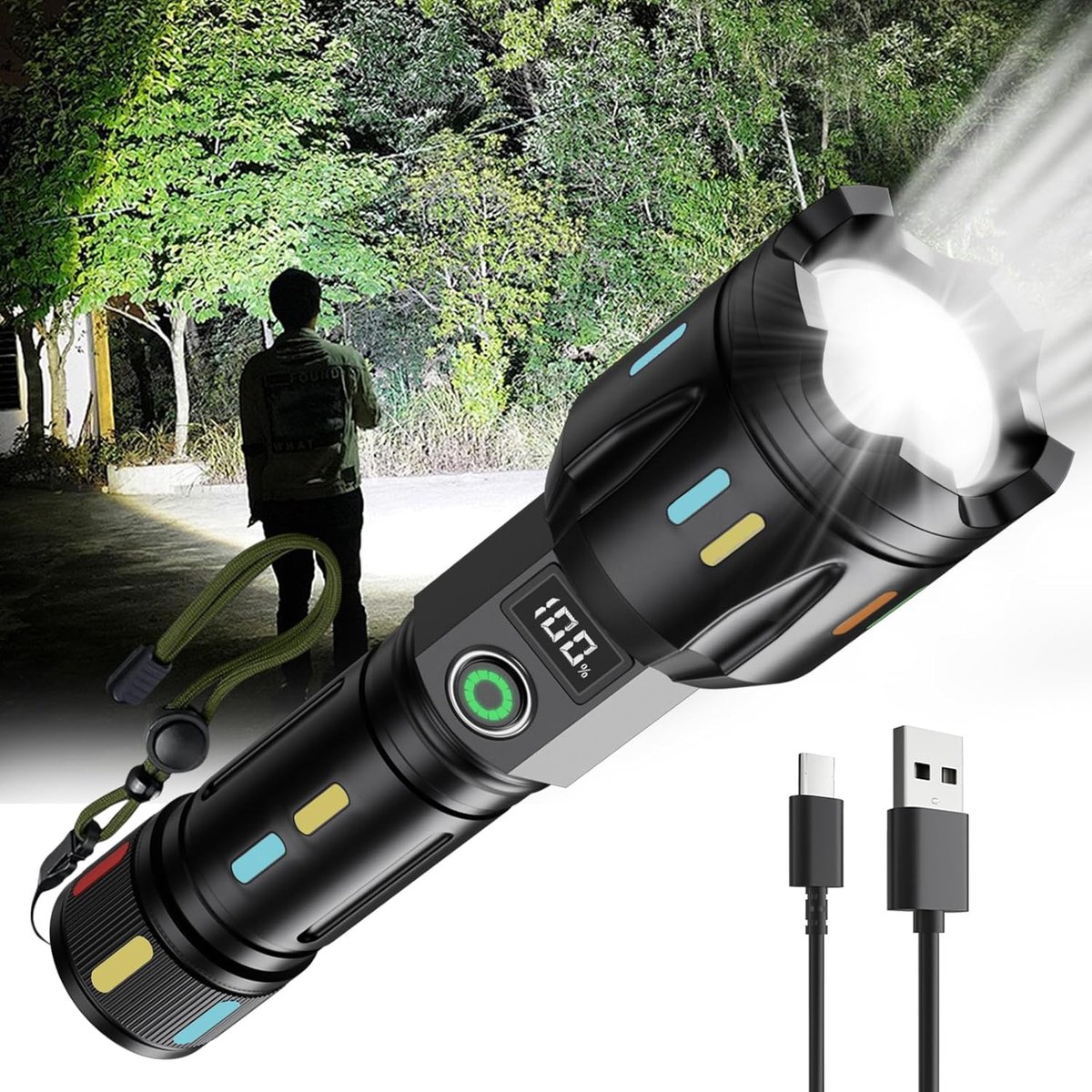SnelShoppen - Oplaadbare LED Handlamp met Zoom, USB Campinglamp, Noodlamp met Batterijniveau Indicator, Ideaal voor Hiking en Hond Uitlaten