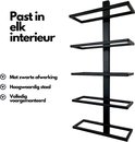 Mat zwart metalen wijnrek met vijf liggers, geschikt voor elk interieur en volledig voorgemonteerd.
