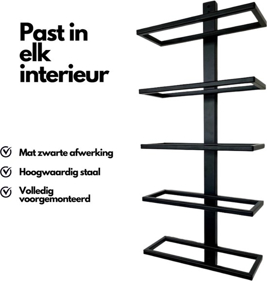 Mat zwart metalen wijnrek met vijf liggers, geschikt voor elk interieur en volledig voorgemonteerd.