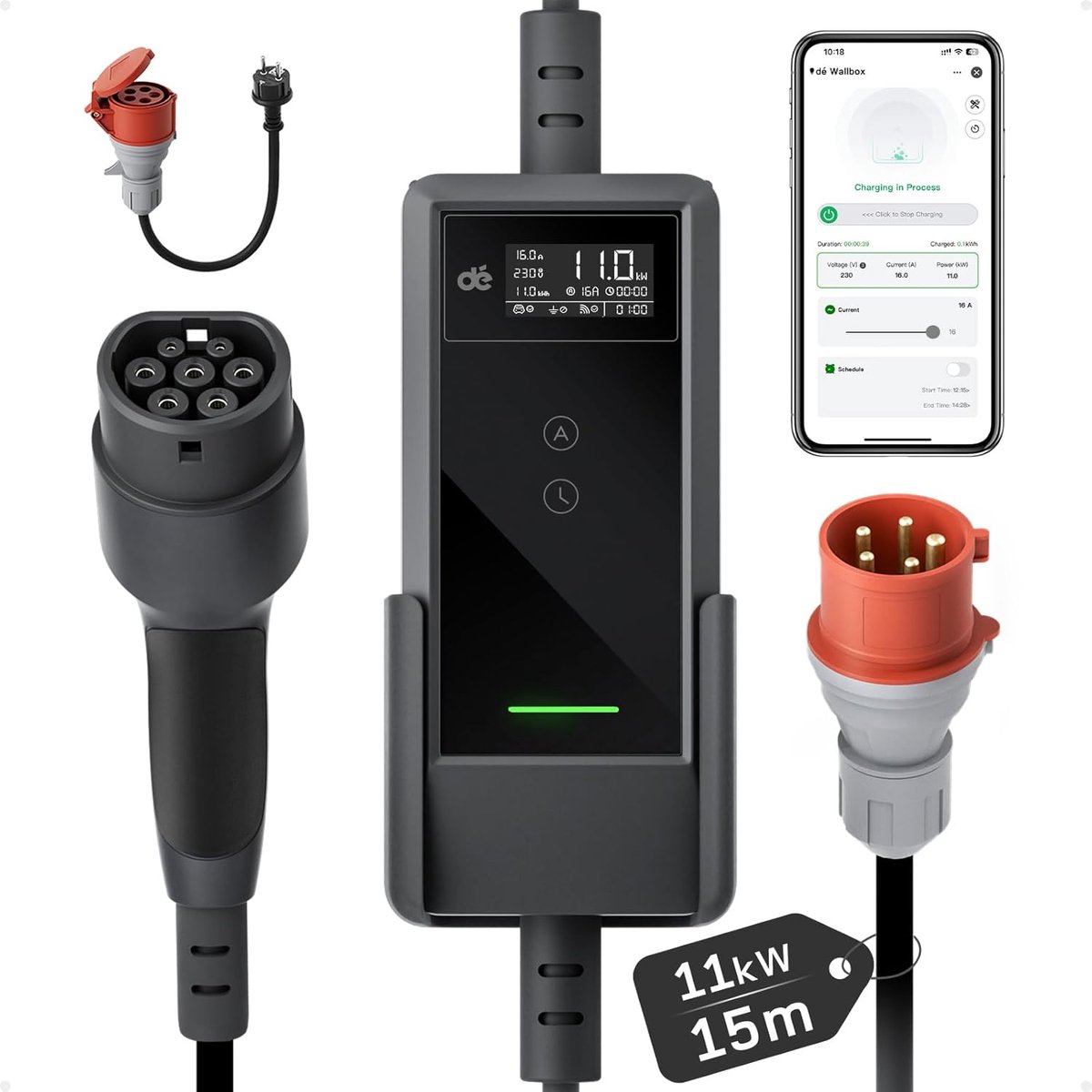 SnelShoppen - Mobile Wallbox 11kW met app [15m | 3-fase | 6-16A] EV laadstation CEE-16A 400V naar type 2, instelbare laadkracht voor ID.3/4/5/7, IX1,