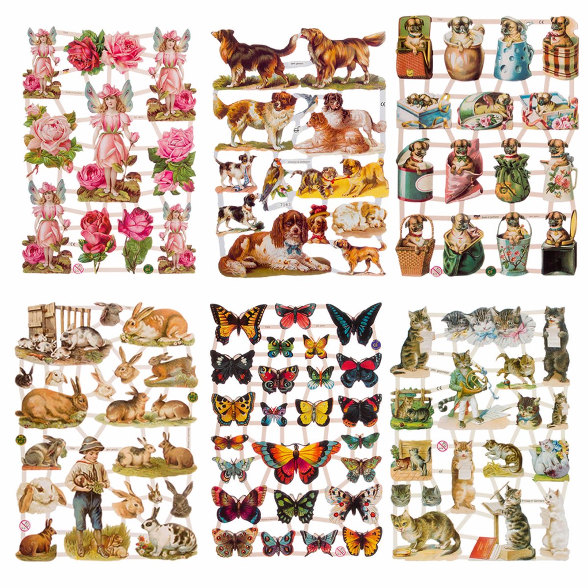 Poëzieplaatjes - 6 vellen - plaatjes - hobby - creatief - decoupage - knutselen - scrapboek met boerderijdieren - katten - vlinders - vogels - bloemen