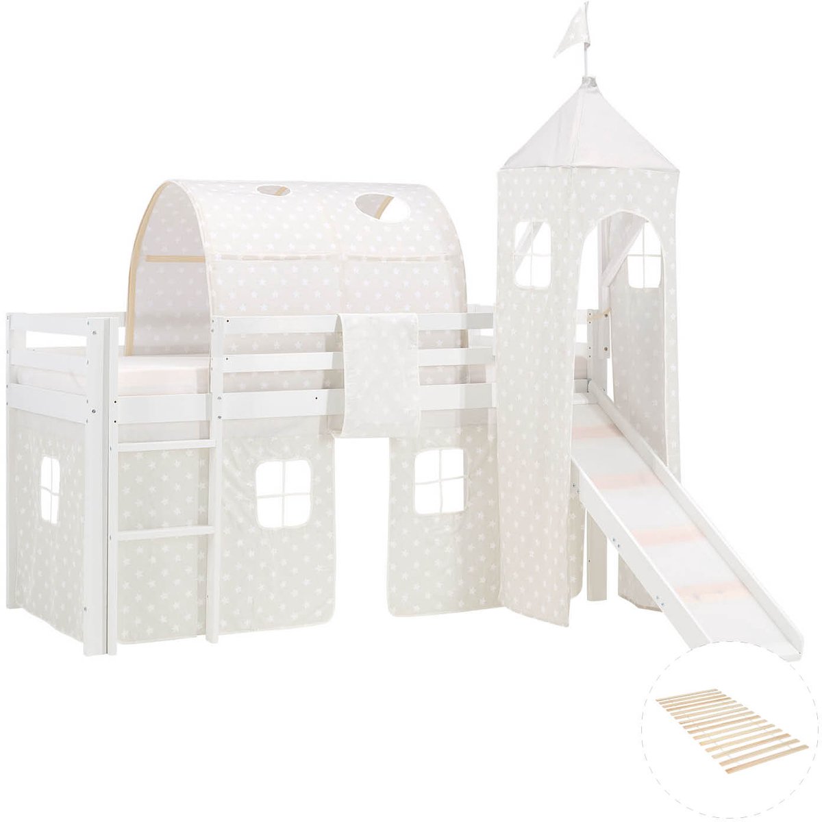 Homestyle4u Hoogslaper - 90x200 cm - met lattenbodem - toren - tunnel - glijbaan - met gordijn met sterrenmotief - wit