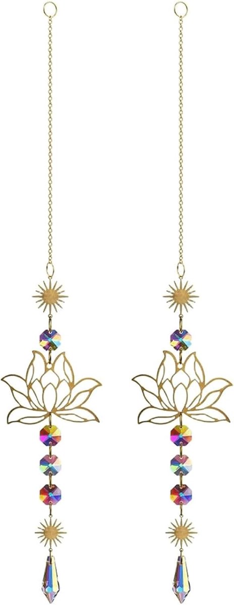 SnelShoppen - 2x Crystal Sun Catcher Lotus Flowers - Prism Wind Chime Hangend - 40 cm Voor Raamdecoratie - Decoratie Voor Woonkamer, Balkon, Tuin