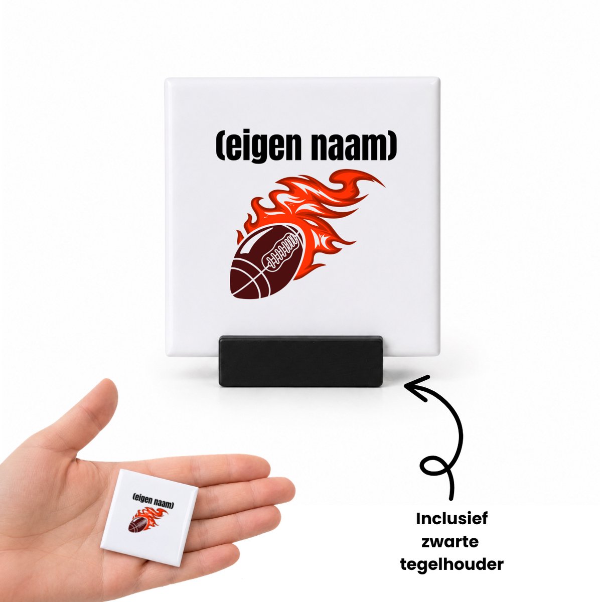 Hacebo rugbybal vuur met eigen naam tegeltje met tegelhouder - Rugby - atleten - tegeltjes met tekst - iemand die houdt van rugby - verjaardag - cadeau - kado - spreuktegels - 4.8x4.8 CM Wit
