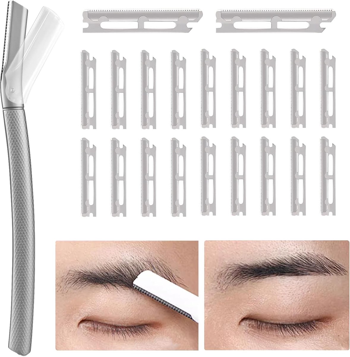 SnelShoppen - Eyebrow Shaver met 21pcs Razor Blades, Herbruikbare Gezichts- en Wenkbrauwschaver voor Vrouwen, Zinklegering, Zilver, Precisie Trimmer v