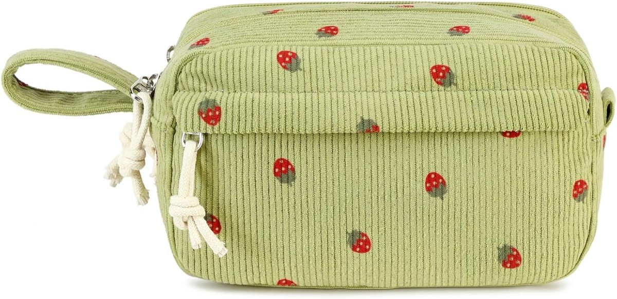 SnelShoppen - Grote Schattige Pennenbak voor Meisjes, Ruime Etui voor School, Studie, Kantoor, Cadeau, Aardbei Groen Achtergrond Patroon, Sterke Kwali