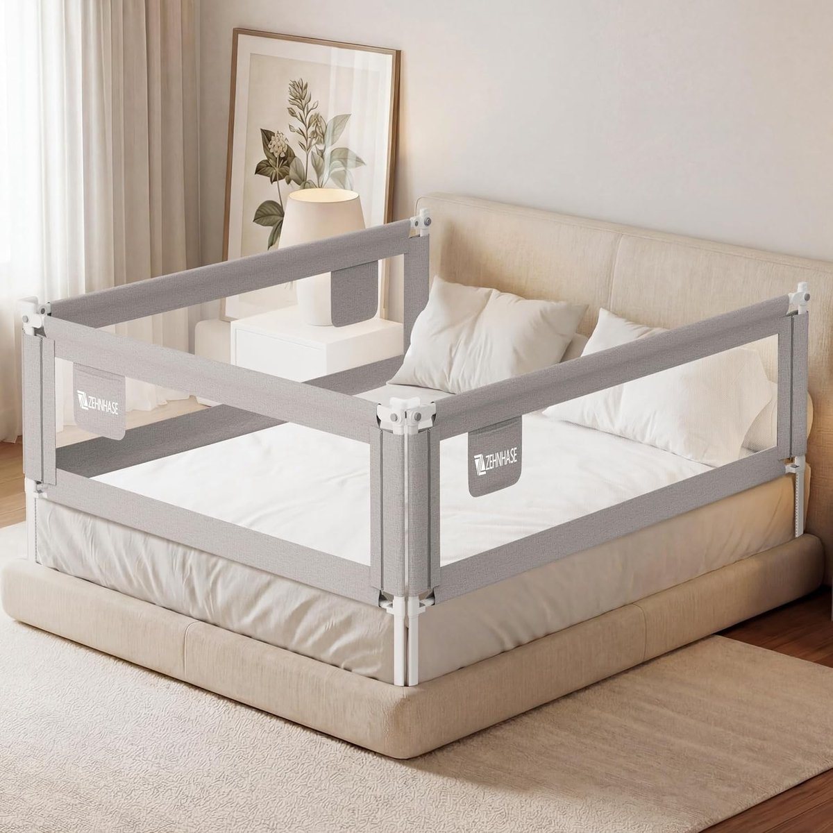 SnelShoppen - Kinderbedhekje 140 cm - Grijs - Hoogte verstelbaar - Eénhandige bediening - Veilig en praktisch voor baby's en kinderen