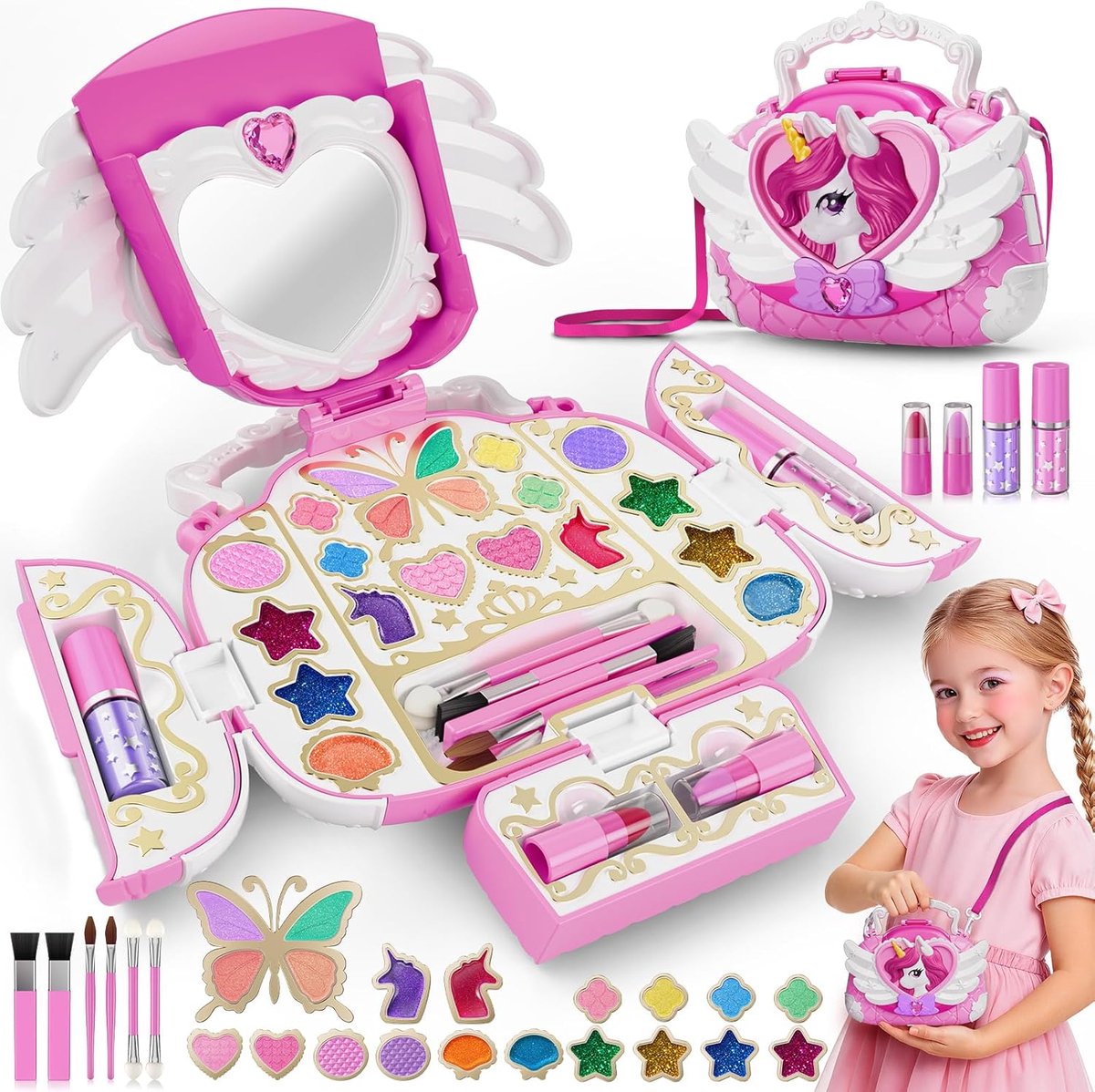 SnelShoppen - Unicorn Make-up Set Speelgoed voor Meisjes 3-12 Jaar - Niet-toxisch Wasbaar Make-up Set met Spiegel en Band DIY Prinsessen Speelgoed voo