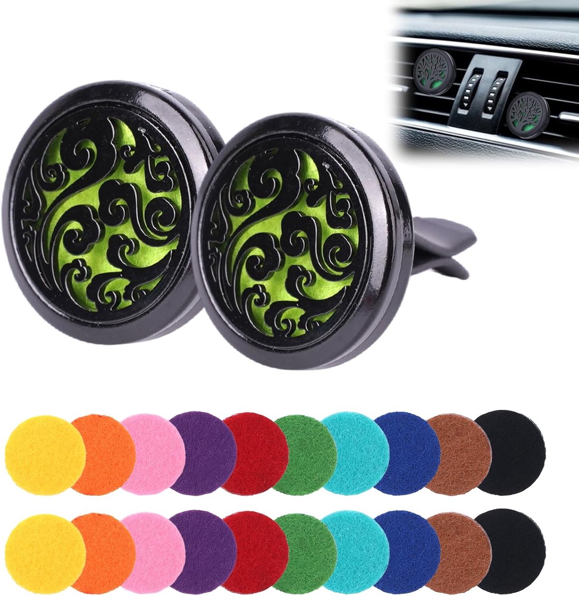 SnelShoppen - 2 stuks Aromatherapie Auto Diffuser Oliediffuser 3 cm - Auto Luchtverfrisser Parfum Clip Geur Interieur - Ventilatieclip met 20 Wasbare