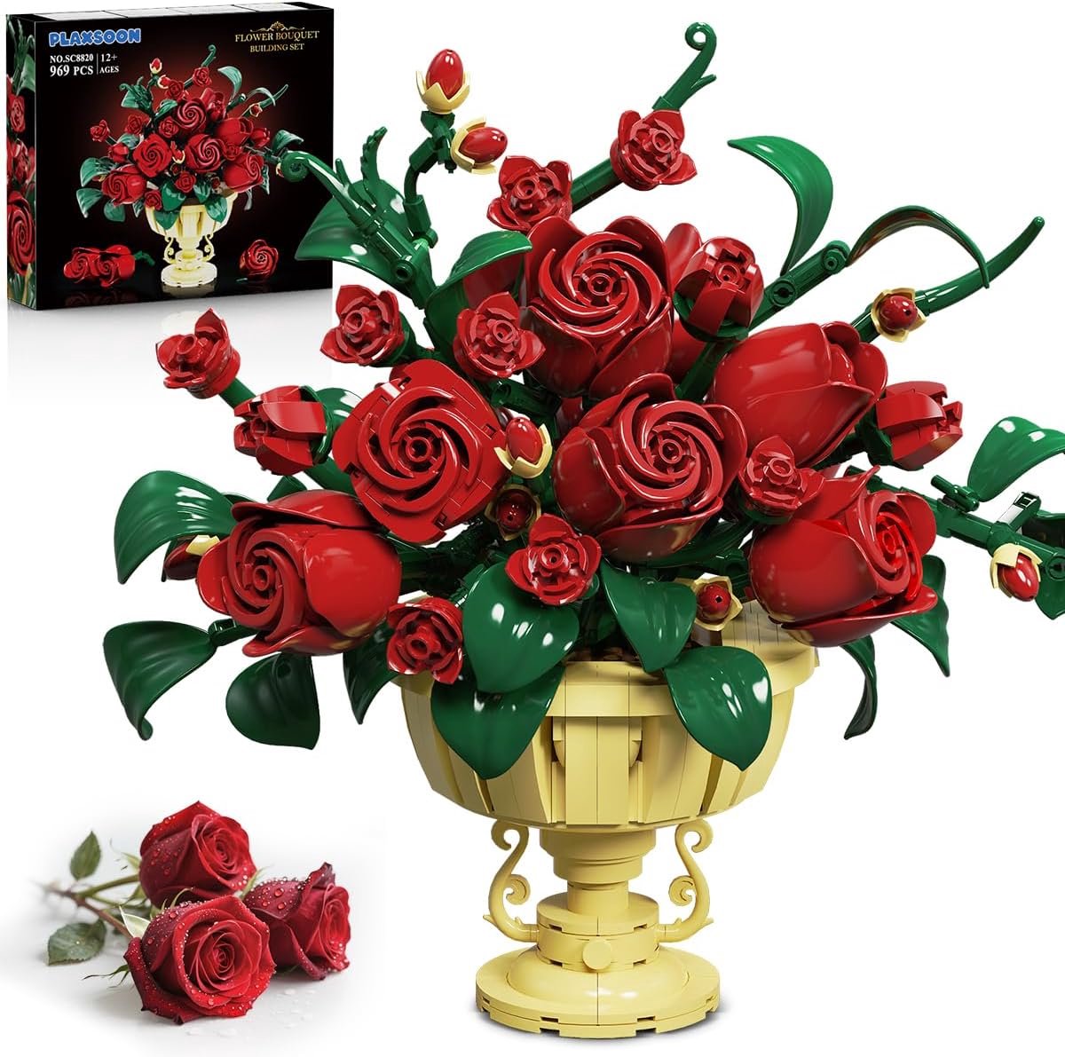 SnelShoppen - PLAXSOON Rozen Bloemen Bouwset - Moederdag Bloemboeket Bouwblok Set met Pot - Kunstmatige Bonsai Plant Collectie voor Thuis en Kantoor D