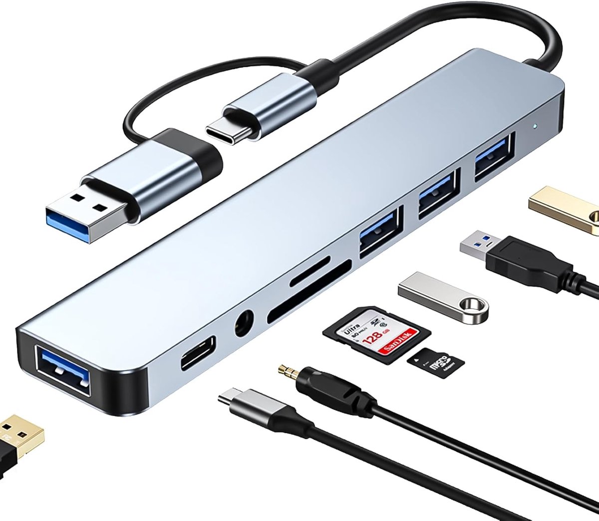 SnelShoppen - USB C Hub 8-in-2 Multiport Adapter met 4 USB 3.0 Poorten, USB-C, 3.5mm Audio Jack, SD/TF Kaartlezer voor MacBook, Galaxy en Meer