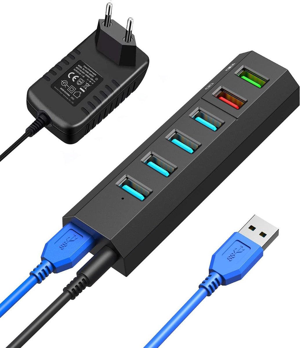 SnelShoppen - USB 3.0 Hub Powered - 8-in-1 USB Hub voor PC met 6 Data Poorten en 2 Snelladers - Ultra-Fast 5Gb/s Overdracht voor Laptop, Desktop, Thui