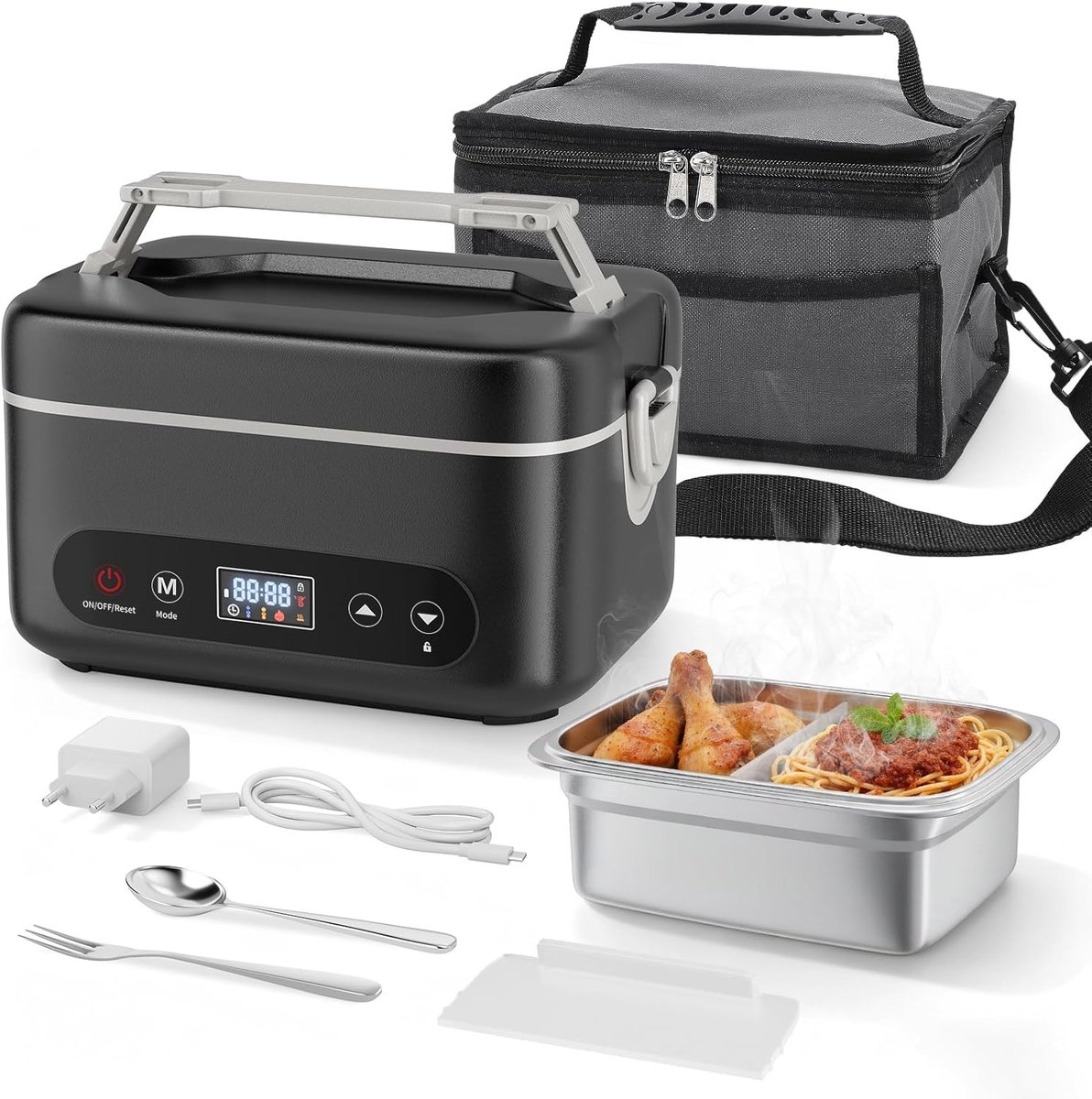 Thijox - Elektrische Lunchbox voor Volwassenen met Accu 16000 mAh, 80W Verwarmde Lunchbox 1,2L met Automatische Verwarmingsfunctie, Ideaal voor Kantoo