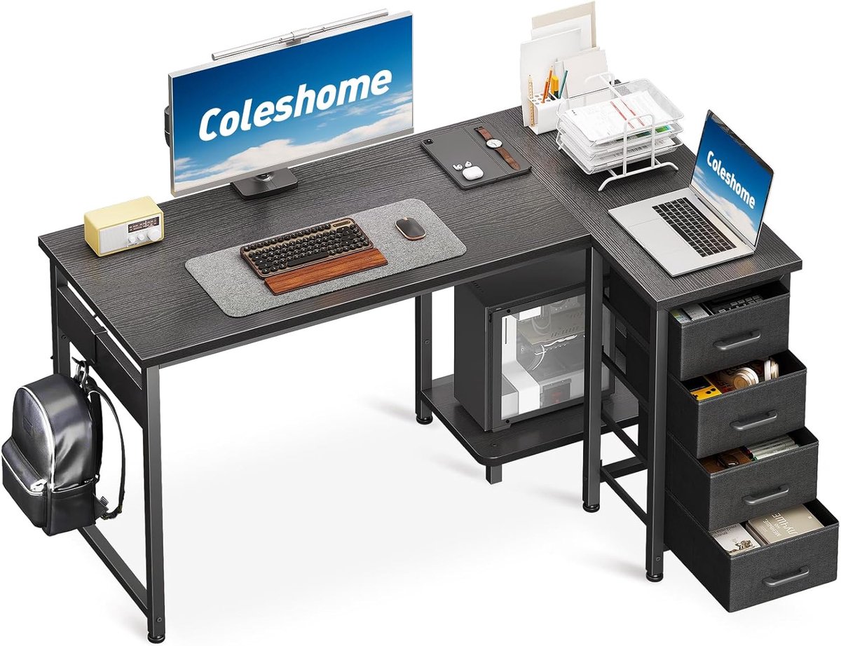 SnelShoppen - Coleshome Hoekbureau - L-vormig Bureau met 4 lades - Omkeerbaar PC Bureau voor Kantoor/Slaapkamer - Zwart - 120 x 70 cm