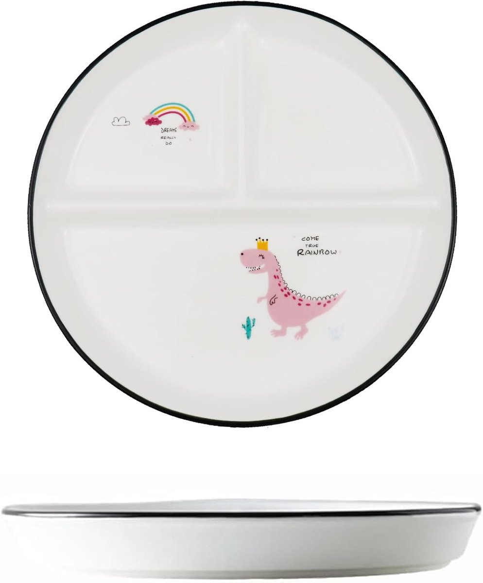 SnelShoppen - Keramisch 3 Compartimenten Bord - Geschikt voor Kinderen en Volwassenen - Magnetron- en Vaatwasserbestendig - Roze Dinosaurus - Perfect