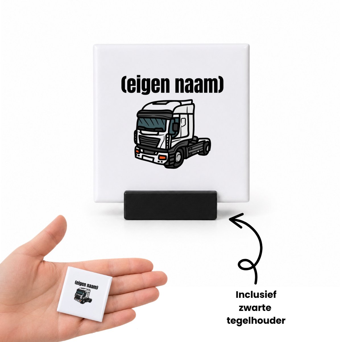Hacebo vrachtwagen kop stuk met eigen naam tegeltje met tegelhouder - Vrachtwagen chauffeur - vrachtauto chauffeurs - tegeltjes met tekst - iemand die houdt van vrachtwagens - verjaardag - cadeau - kado - geschenk - spreuktegels - 4.8x4.8 CM Wit