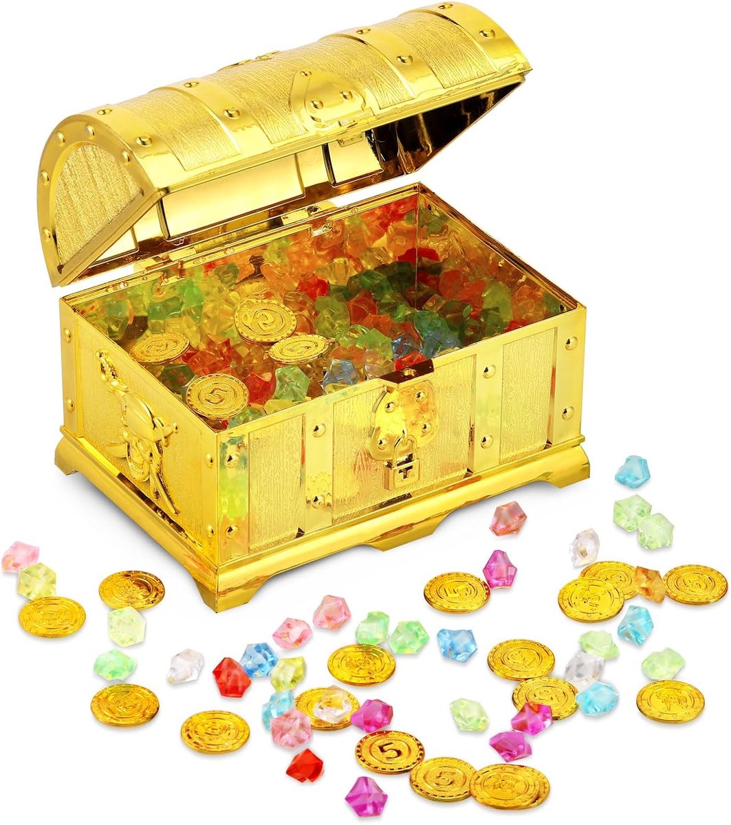SnelShoppen - Piraten Schatkist voor Kinderen met 20 Gouden Munten en 100 Nepgems - Duurzaam, Goudgeplateerd, Perfect voor Feesten, Decoratie en Schat