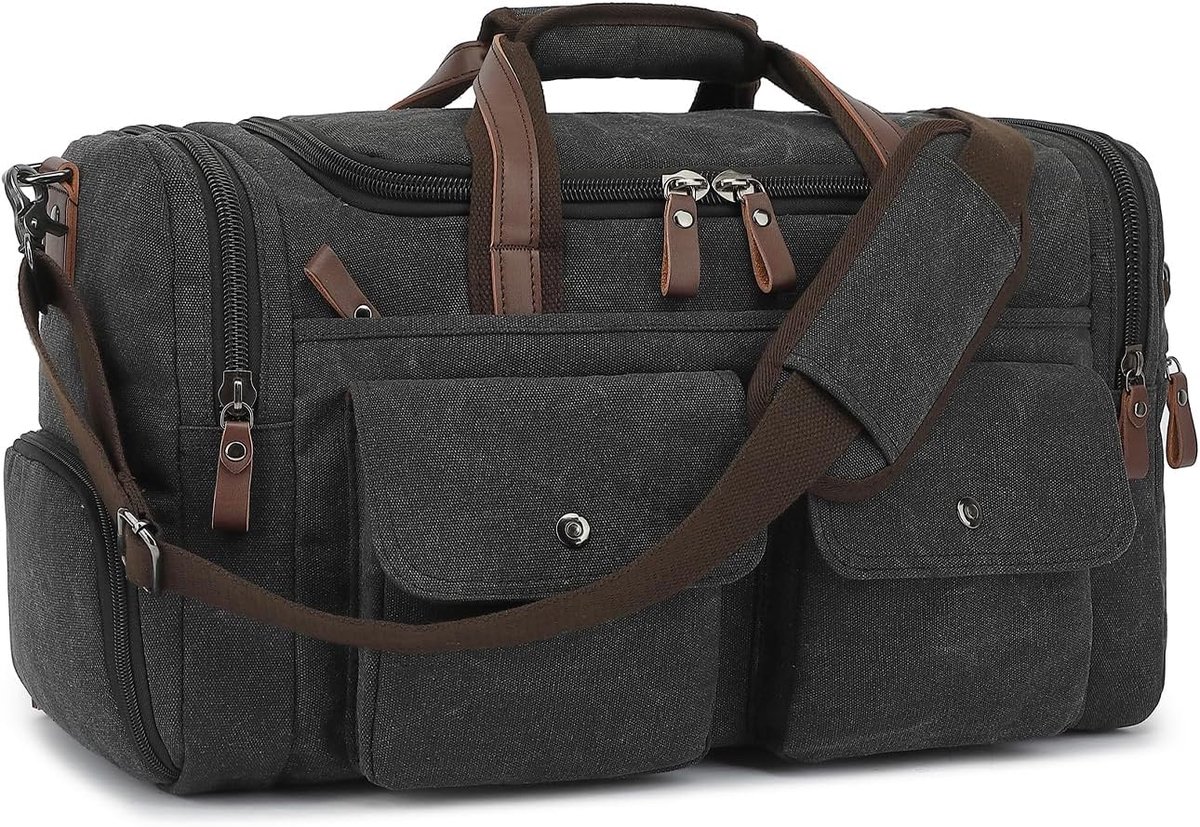 SnelShoppen - 50L Canvas Duffle Bag voor Mannen en Vrouwen, Expandable Reistas met Schoencompartiment, Weekender Sporttas, Zwarte Gymtas
