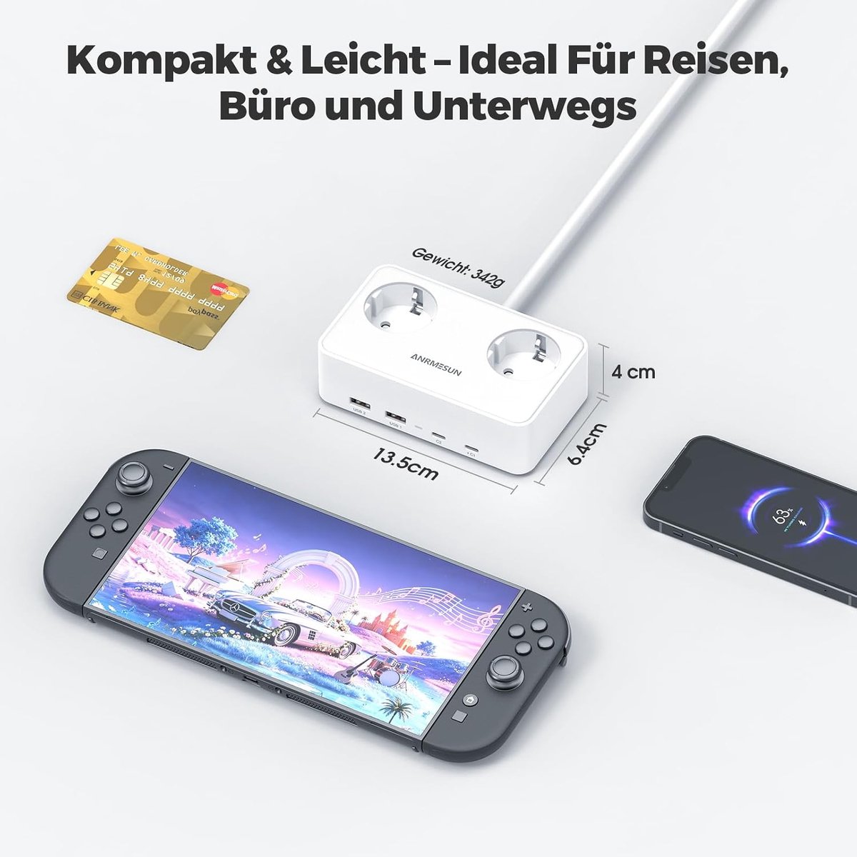 SnelShoppen - Stekkerdoos met USB C PD 20W, 6-in-1 Meervoudig Stopcontact met Schakelaar en 1,95 m Verlengkabel voor Bureau, Kantoor, 2400W