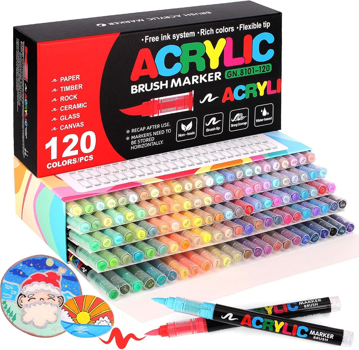 SnelShoppen - 120 Kleurige Waterdichte Acrylverf Markers met Zachte Borsteltip, Perfect voor Canvas, Steen, Hout, Glas, Keramiek, Stof en DIY Creaties