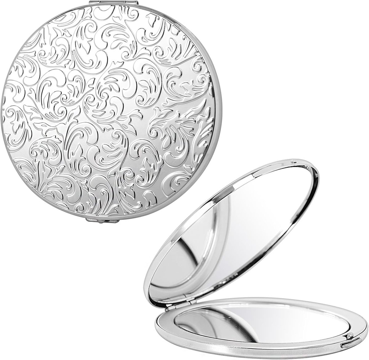 SnelShoppen - Ovale mini metalen klapspiegel 1X/2X vergrootglas, compact en robuust, zilver, ideaal voor reizen, make-up, en dagelijks gebruik
