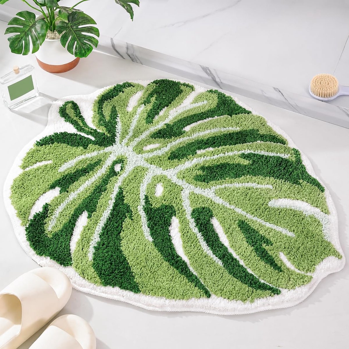 SnelShoppen - Monstera Leaf Badmat - Antislip Badmat met Palmblad Motief - Boho Stijl - Groene Badmat voor Douche en Badkuip - 50cm x 70cm