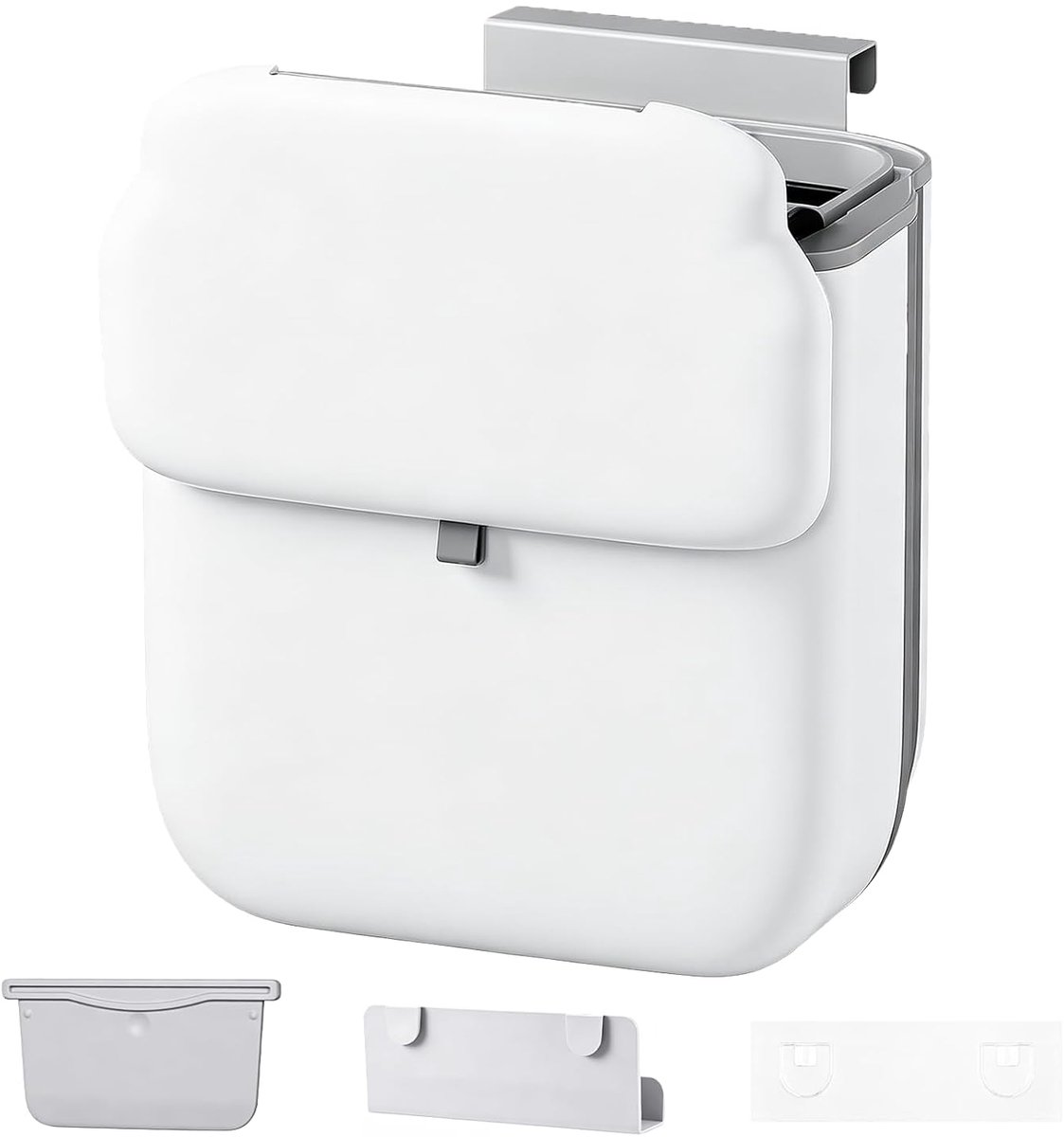 SnelShoppen - Hangende Afvalemmer met Deksel, 9 Liter Vouwbare Prullenbak, Wandgemonteerde Keukenafvalbak voor Keuken, Kamperen, RV, Geen Boren (Wit)