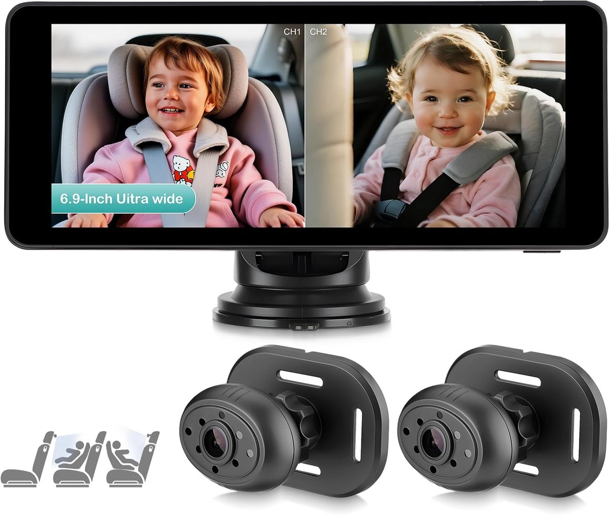 SnelShoppen - Baby Auto Camera 6.9 Inch HD 1080P - Dual Achteruitkijkcamera met IR Nachtzicht en Brede Hoek - Veiligheid Monitor voor Kinderen in de A