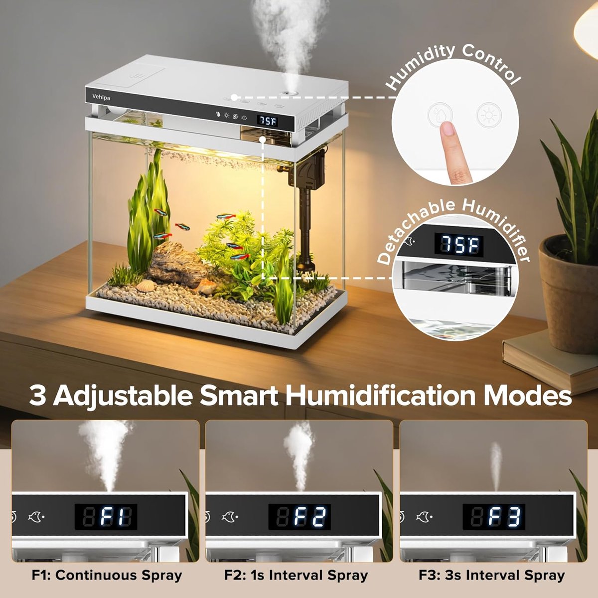 SnelShoppen - 8L Aquarium Set Wit - Complete Starterset met 7-Kleuren LED, Automatische Voerdispenser, Slimme Luchtbevochtiger, Temperatuurweergave en thumbnail 6