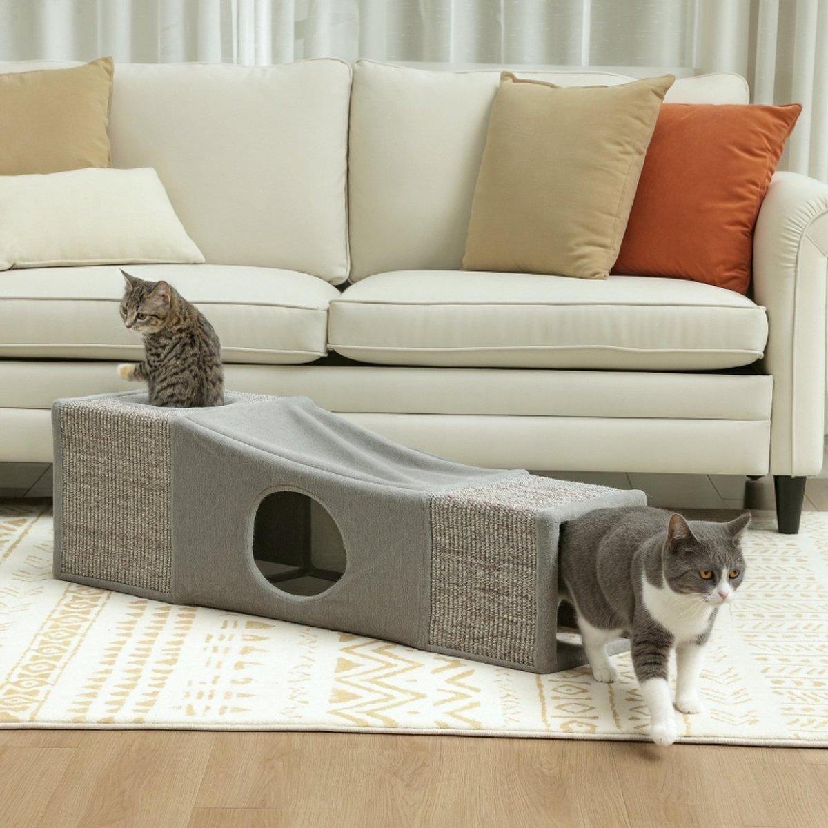DESMIU Krabmeubel – Kattentunnel Met Twee Kattenholen en Speelbal – 98 x 30 x 30 cm – Polyester – Bruin en Grijs – Opvouwbaar