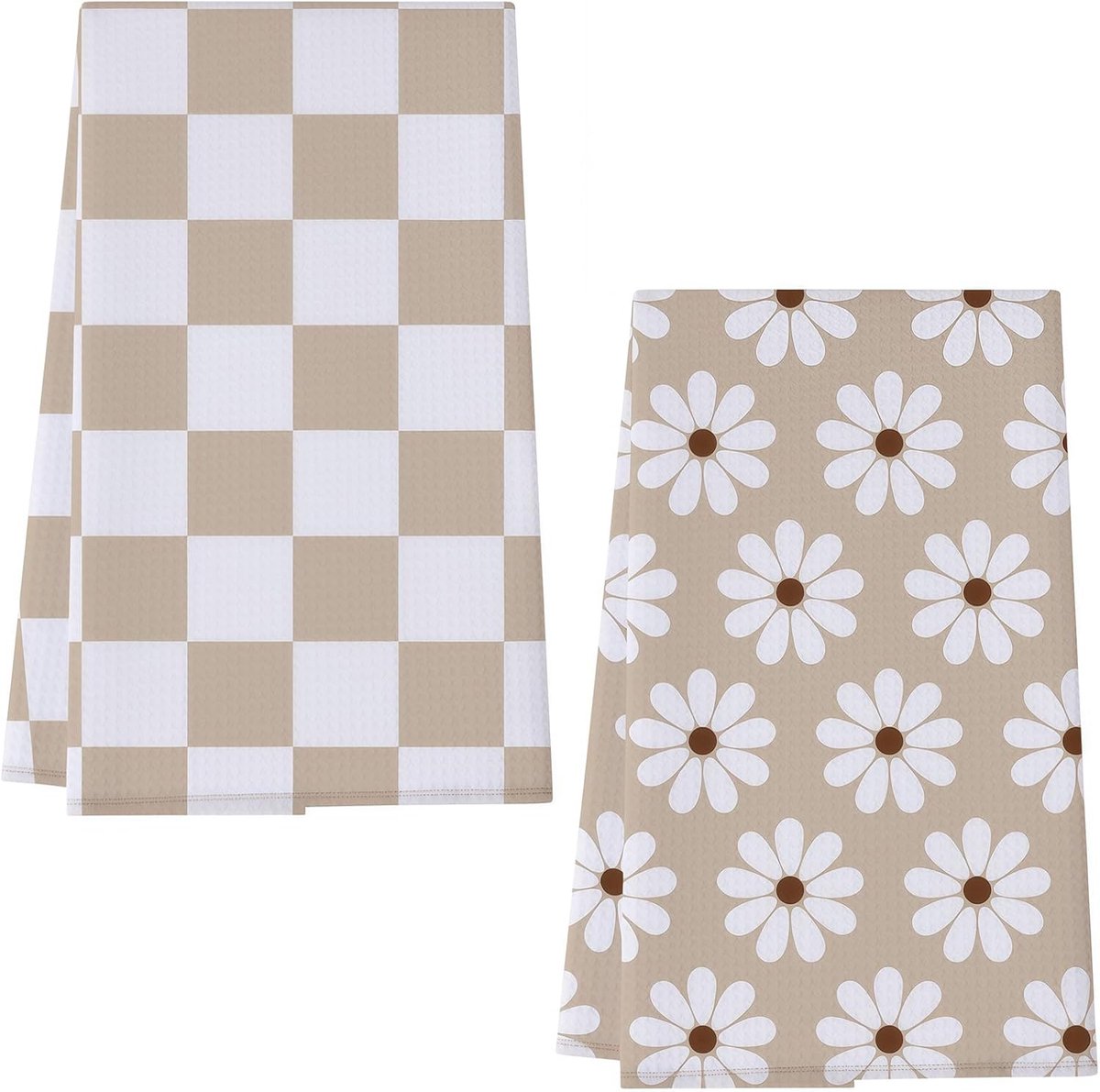 SnelShoppen - 2 Stuks Keuken Theedoeken 60x40 CM met Ophanglus, Herbruikbare Absorberende Theedoeken in Boho Modern Retro Design, Beige Ruit met Bloem