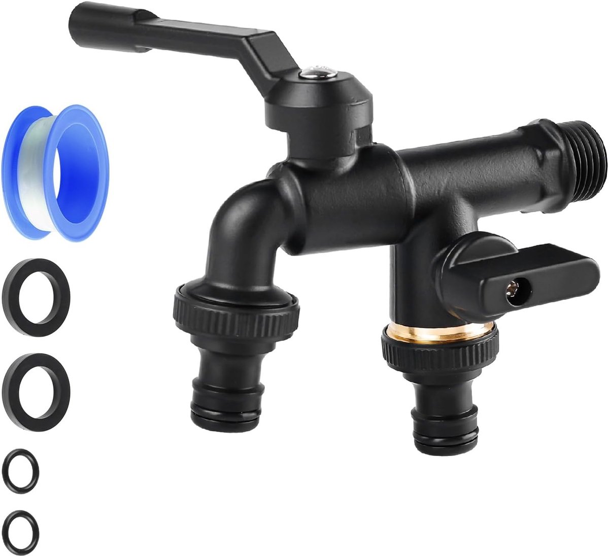 SnelShoppen - Tuin Kraan met Dubbele Aansluiting, 1/2" Messing Waterkraan, Vorstbestendige Buiten Faucet met 2 Uiteinden 3/4", Compleet Set met Slanga