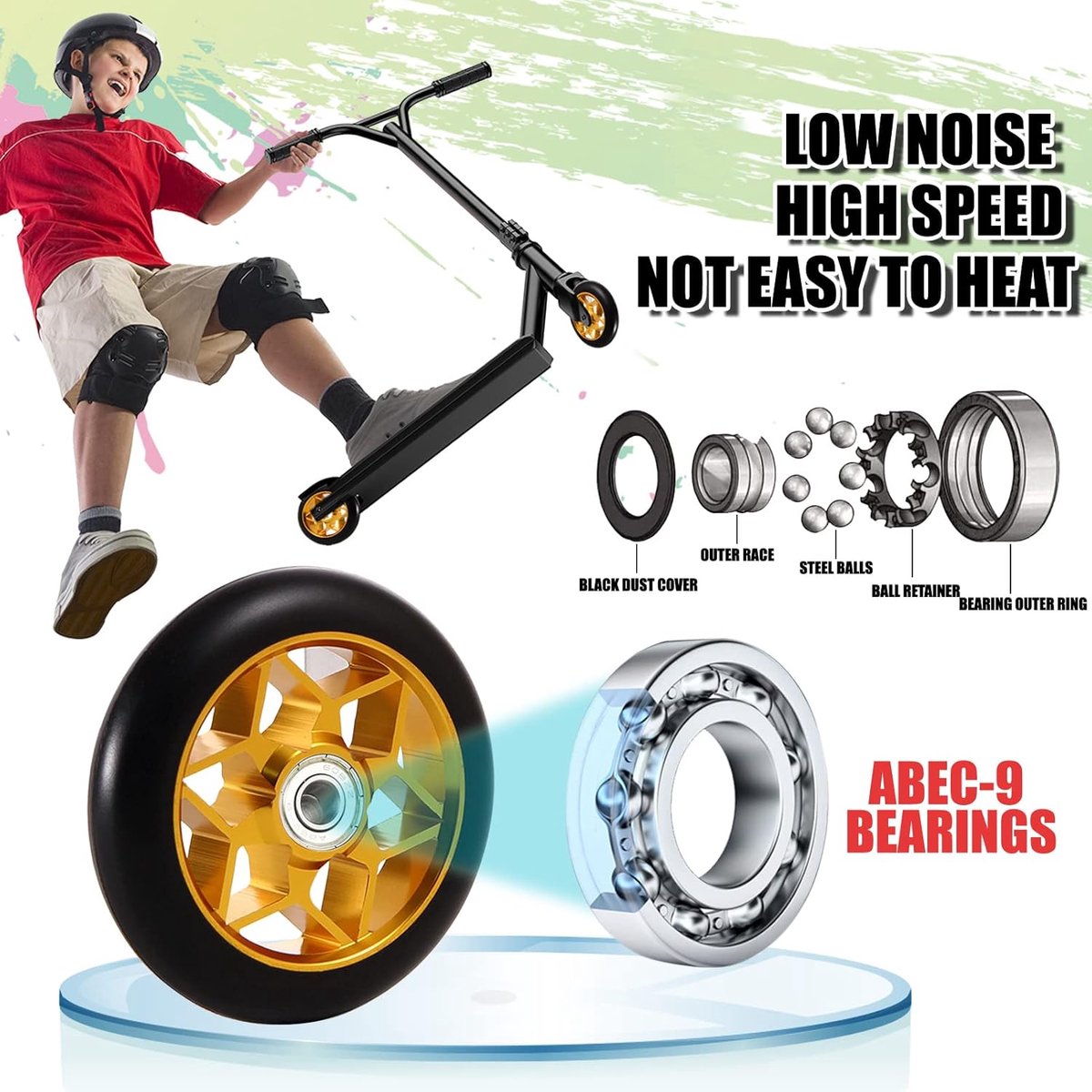 SnelShoppen - 110mm Stunt Scooter Wielen, 2 Stuks, Lichtgewicht Aluminium Kern, ABEC 9 Lager, Goud, Vervangingswielen voor Stunt Scooter, Geschikt voo