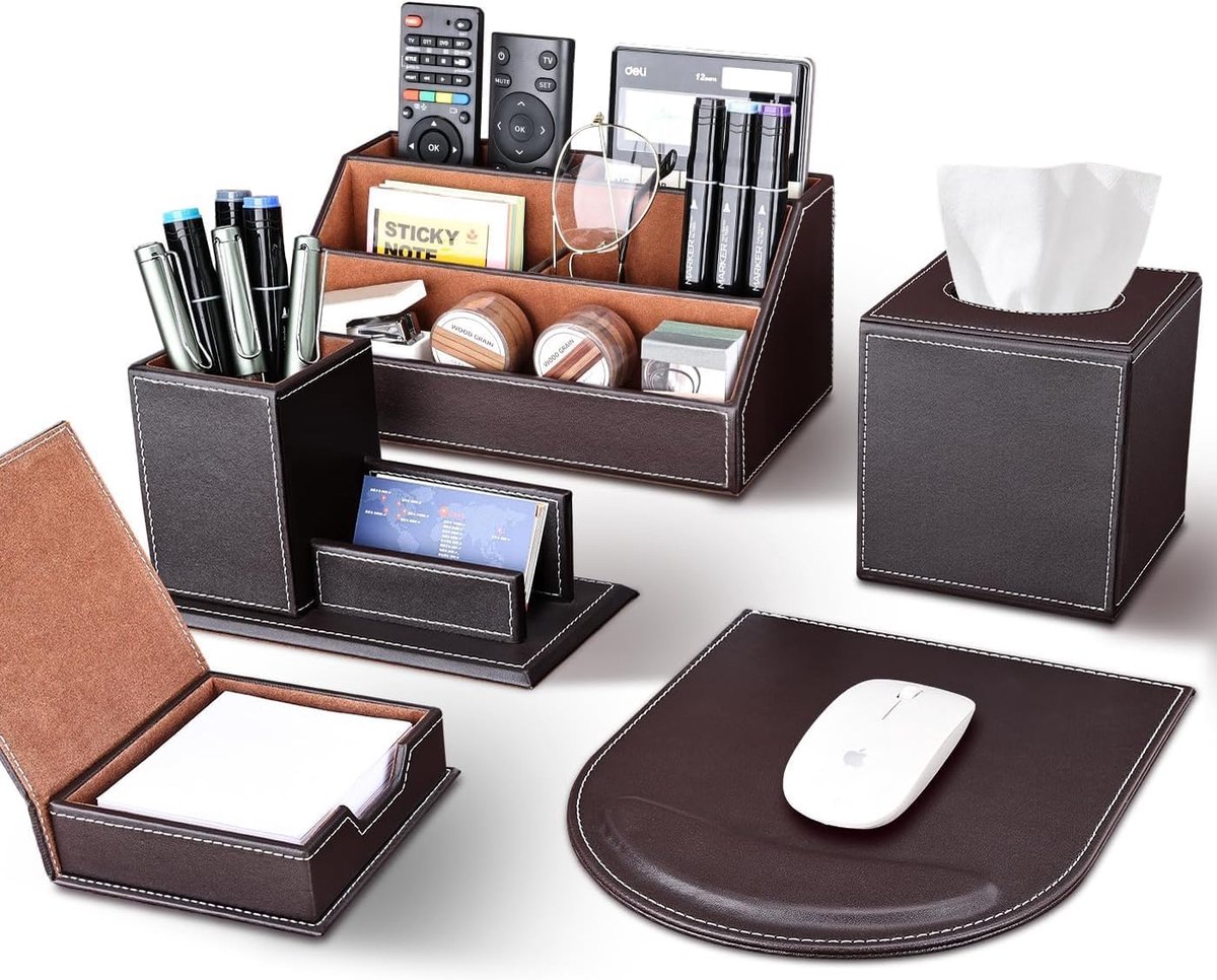SnelShoppen - Luxe Bruin Kantooraccessoires Set - 5-delige PU Leren Bureau Set met Organiser, Cosmetica Doos, Muismat, Pennenhouder, Bezoekkaart Houde