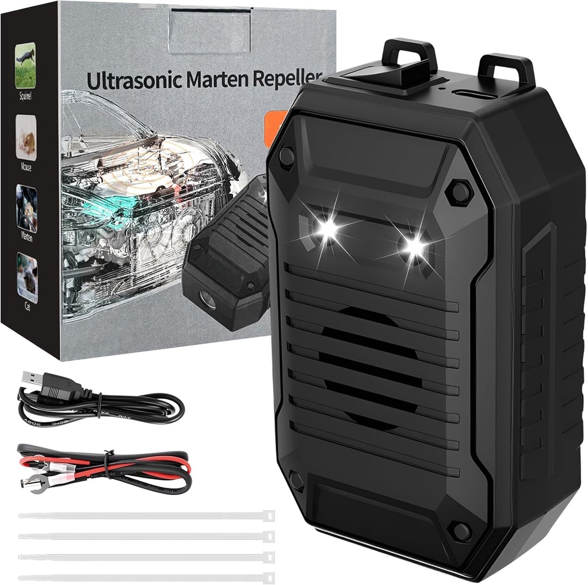 SnelShoppen - Ultrasone Marterverjager voor Auto en Motorruimte, Flitslicht, USB en 12V Aansluiting, Diervriendelijke Marterafweer voor Huis, Zolder e